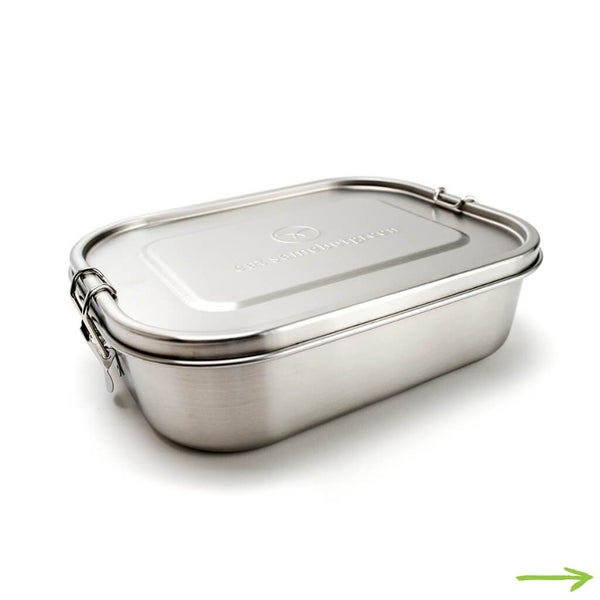 Große, nachhaltige 1.400 ml Edelstahl Lunchbox, Brotdose mit seitlichen Verschlussbügeln, Silikon Dichtungsring und eat samebutgreen Prägung.
