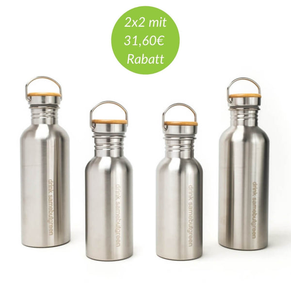 4 plastikfreie Edelstahl Trinkflaschen in verschiedenen Größen im Set für die ganze Familie, mit Bambus und Silikon Dichtungsring, ohne BPA.