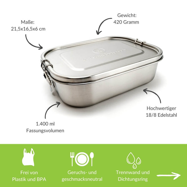 Nachhaltige, plastikfreie Edelstahl Lunchbox Brotdose gefüllt mit Brot und Gemüse und mit eat samebutgreen Schriftzug.