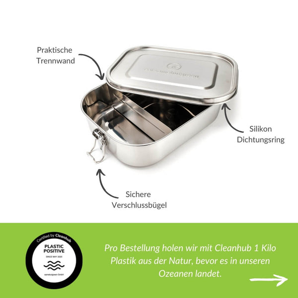 Bügelverschluss der kleinen nachhaltigen und plastikfreien samebutgreen Edelstahl Lunchbox Brotdose.